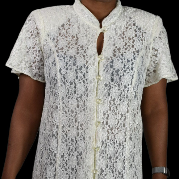 Vintage Lace Midi Dress White Ivory Button Front 80s Sheer Corset Lacing Medium - Picture 4 of 16